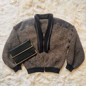 Vintage Sweater Jacket Cardigan Bomber Style | Zip up, Leather Accents, Large